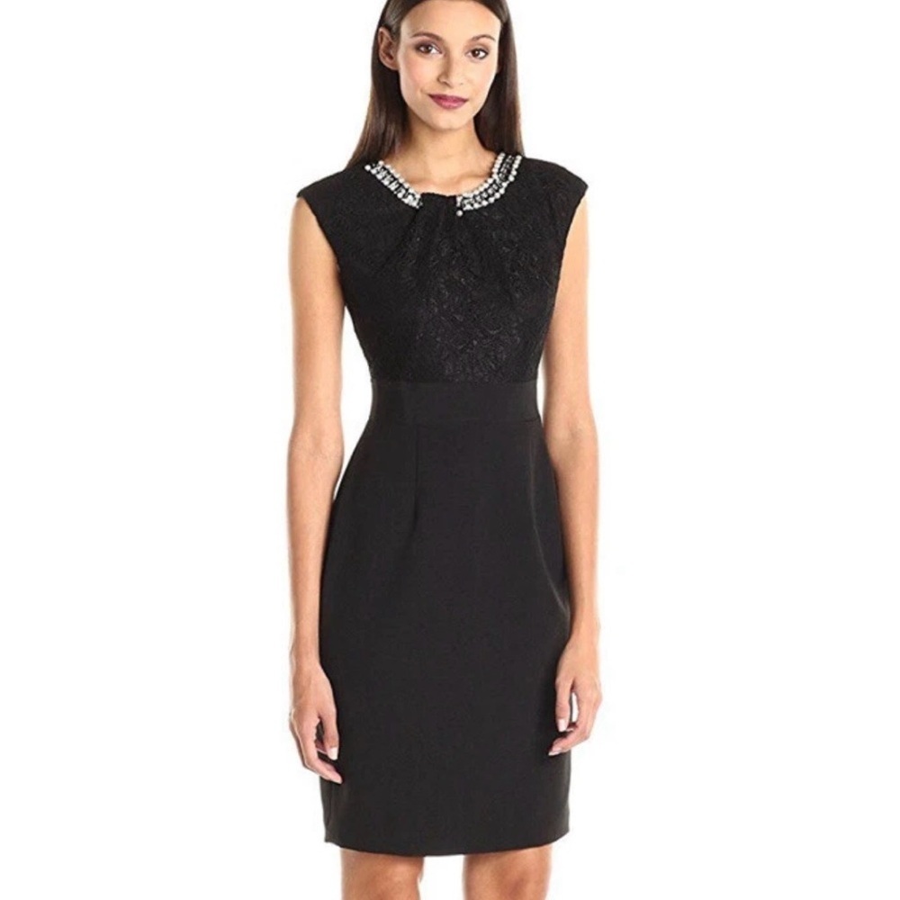 London Times Embellished Neck Lace Sheath Dress Elegant Black Sleeveless Size 12